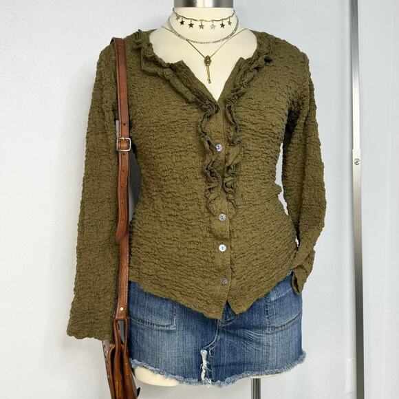 Y2K fairy grunge olive green crinkle ruffle button top by Nomadic Traders - Picture 1 of 6